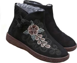 Женские зимние утепленные ботильоны с флисовой подкладкой, вышитые цветочные короткие сапожки, плоская нескользящая обувь для мам из хлопка Generic, Black