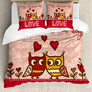 Пододеяльник ABAKUHAUS ко Дню святого Валентина, сова, с сердечком, с защитой от клещей, подходит для аллергиков, с наволочками, 200 x 200 см - 80 x 80 см, розовый, красный, желтый Abakuhaus