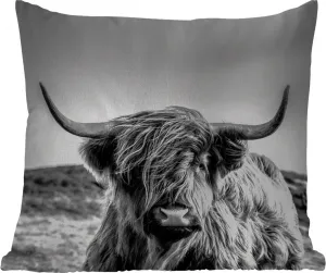 Подушка для улицы - Корова - Шотландский высокогорный скот - Черный - Белый - Животное - Природа - Дикая природа - 60 x 60 см - Устойчива к погодным условиям - Подушка для отдыха - Декоративная - Подушка для сна MuchoWow