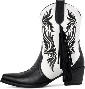 Ковбойские сапоги для женщин, короткие западные сапоги с бахромой, заостренный носок, удобный массивный каблук, сапожки на молнии для родео, фестивалей и вечеринок Pinokino, Black & White