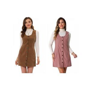 2 упаковки женского комбинезона из вельвета с пуговицами, круглым вырезом и карманами Allegra K, Brown Pink