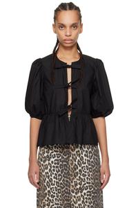 Черная хлопковая поплиновая блузка с завязками-баской GANNI