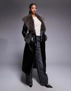 Тренч River Island из искусственной кожи с воротником из искусственного меха, черный