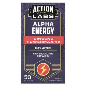 Action Labs, Для мужчин, Alpha Energy, женьшень Powermax  4x, 50 растительных капсул