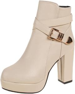Женские модные ботильоны на высоком каблуке, большого размера, с боковой молнией для тепла, украшены пряжкой на ремне. Подходят для ежедневного ношения или для офиса. SPKFHD, Beige