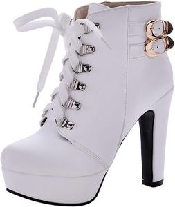 Женские ботильоны с шнуровкой на блочном каблуке, байкерские, с круглым носком Renessmi, White 5