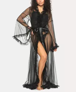 Женский пеньюар из тюля с широкими рукавами и оборками Jezebel, черный