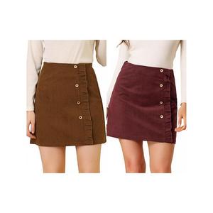 2 упаковки женской кордюровой мини-юбки а-силуэта с высокой талией и пуговицами Allegra K, Brown Burgundy