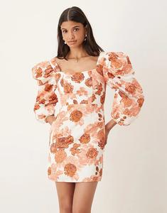 Мини-платье Collective The Label с квадратным вырезом и рукавами-буфами в кремово-абрикосово-розовом цвете