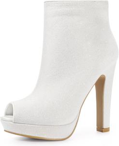 Женские блестящие ботильоны на платформе с открытым носком и массивным каблуком Allegra K, White