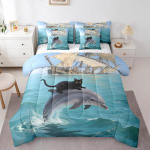 Erosebridal Комплект постельного белья Black Kitten Dolphin с морскими волнами и котиками в сине-белых тонах, Blue Black White