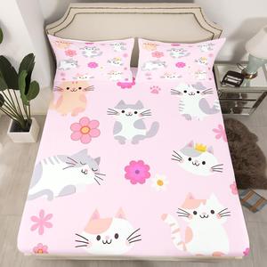 Erosebridal Комплект постельного белья для девочек Cat Kids Pink Groovy Flower с милыми котиками в мультяшном стиле, Multi 12