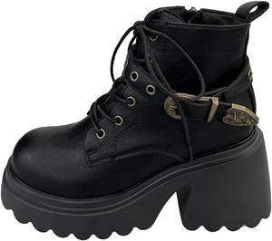 Женские ботильоны на платформе с массивным каблуком, шнуровкой и застежкой-пряжкой, винтажный стиль, повседневная обувь на каждый день Azttoztto, Black