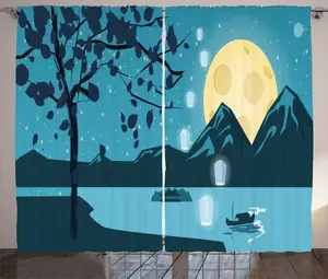 Штора ABAKUHAUS Magic Moon Rustic, Nightscape Moon, присборенная тесьма для спальни с петлями и крючками, 280 x 225 см, кремовый, темно-фиолетовый, синий