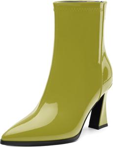 Женские ботинки с острым носком на высоком каблуке, укороченные ботильоны с боковой молнией, модные короткие ботинки из искусственной лакированной кожи для женщин RLYGHWAO, Yellow Green Patent