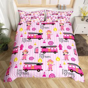 Erosebridal Комплект постельного белья для девочек Pink Fire Truck с розовыми полосками и тематикой пожарных машин, Multi 15