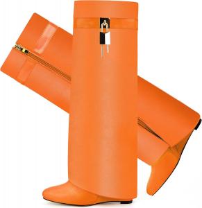 Сапоги с отворотом для женщин, острый носок, на танкетке, до колена, с боковой молнией и декоративным замком CDHYX, Orange