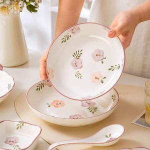 Ceramics Керамическая рисовая пиала для дома, набор стильных тарелок 2025, посуда для новоселья, 8-дюймовая тарелка с каменным узором, набор из 2 предметов