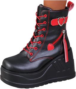 Generic Женские платформенные ботинки на шнуровке и молнии, с массивным каблуком, черные боевые ботильоны, ботинки с сердечком, мотоциклетные ботинки, готические ботинки