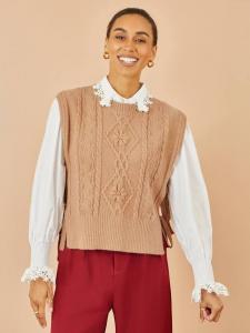 Вязаный пуловер с боковой застежкой и цветочным принтом Yumi, Camel