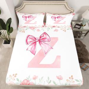 Erosebridal Комплект постельного белья Initial Z с цветочным принтом и розовым бантом в стиле принцессы, Pink White Z