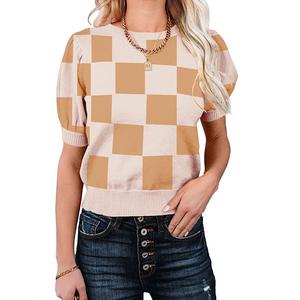 Женский легкий пуловер с круглым вырезом и коротким рукавом Maxxis Merch, Camel Plaid