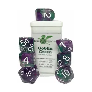 Многогранные игральные кости — зеленый гоблин Arch'd4 с символами и цифрами белых существ (7), Game Dice (Role 4 Initiative)