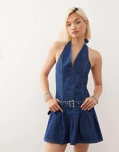 COLLUSION Джинсовое мини-платье халтер с поясом синего цвета