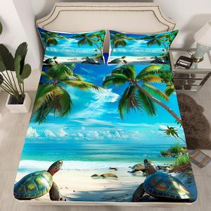 Erosebridal Фиттед простыня с морскими черепахами для детей, тропический гавайский дизайн с зелеными пальмами, летний пляжный стиль, Green Blue
