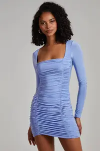 Мини-платье со сборками и длинными рукавами Pink Vanilla, синий