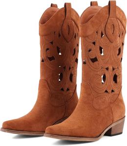 Женские ковбойские сапоги LingxiaUne, ковбойские сапоги средней длины, идеально подходят для танцев, музыкальных фестивалей и свадеб, Brown Hollow-Out