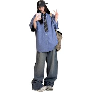 X1617 Рубашка Unisex Blue Plaid Lapel Moderate Others