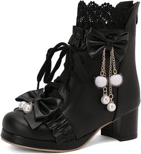 Женские ботильоны с бантом на щиколотке, круглый носок, шнуровка, массивный средний каблук Aikelylmon, 23 Black