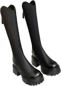 Женские высокие ботинки до колена на платформе с эластичной посадкой, с увеличением роста, на широком каблуке, узкие длинные ботильоны, стиль осень-зима Generic, Black