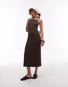 Платье миди ARKET с квадратным вырезом и без рукавов, шоколадно-коричневого цвета