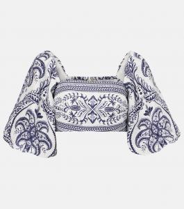 Тропическая блузка из льна с принтом "камея" Farm Rio, Blue Tropical Cameo Off-White