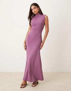Платье макси ASOS DESIGN с высоким воротом, швами и драпировкой цвета винограда