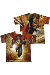 Футболка с коротким рукавом для детей с принтом "Супермен: Вверх в город" (спереди и сзади) Gildan, белый