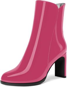 Женские ботильоны MERRORI с молнией, повседневные с круглым носком, лакированные, на высоком толстом каблуке 3,3 дюйма, Magenta