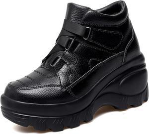 Женские кожаные ортопедические ботильоны на массивной платформе с застежкой-липучкой, ретро стиль, удобные, с круглым носком, поддержкой свода стопы, на танкетке, повседневные, противоскользящие, для работы и прогулок LOVEHEYNEW, Black