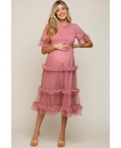 Розовое миди-платье для беременных из тюля в горошек с присборенной отделкой Pinkblush, Pink