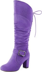 Женские сандалии Zamikoo, свободные ботильоны до колена с круглым носком, массивным каблуком, боковой молнией и металлической пряжкой, свободные нарядные ботинки с каблуком 3,5 дюйма, Suede Purple