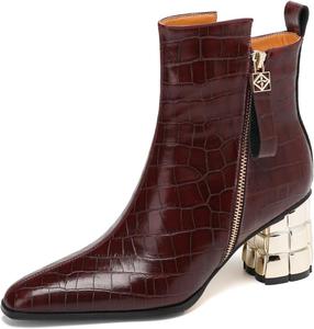 Женские ботильоны TinaCus с острым носком, клетчатым рисунком, из натуральной кожи, ручной работы, на молнии, с средним массивным каблуком, Burgundy