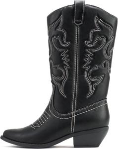 Soda RENO ~ Женские западные ковбойские ботинки с прострочкой, заостренным носком, низким каблуком и средним голенищем, Black Pu/Off Wht Stitch