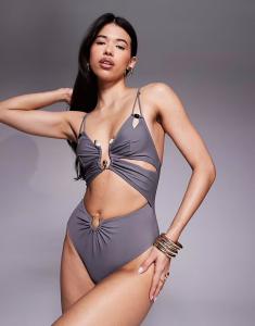 Купальник Lucie с глубоким вырезом, вырезом и отделкой из резины, серый Asos Design