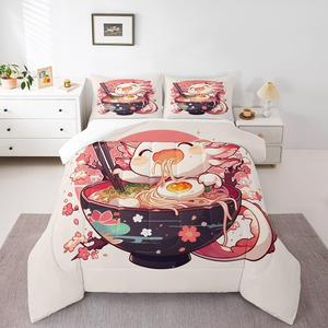 Erosebridal Комплект постельного белья Cute Axolotl в японском стиле с розовой сакурой и рамэн для детей, Pink