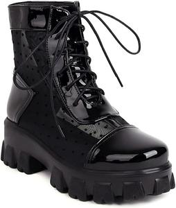 Женские ботильоны VOKLIN с круглым носком, с сетчатыми вставками в стиле вестерн, для верховой езды, на шнуровке и молнии, на платформе с средним каблуком, Black/18-6