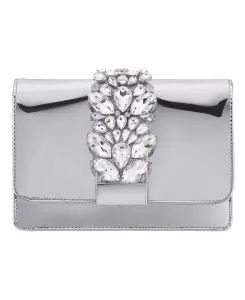Клатч с кристаллами и клапаном из лаковой кожи Nina, серебряный