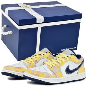 Jordan Эйр 1 Износостойкие и легкие низкие винтажные баскетбольные кроссовки мужские бело-желтые - летний подарочный бокс 3, цвет Summer Letter-Gift Box 3