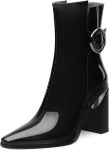 Женские ботильоны, лаковые с заостренным носком, боковой молнией и высоким каблуком, короткие ботинки, женские ботинки на массивном каблуке, удобные ботинки 3,5 дюйма Heisnemca, Black Patent